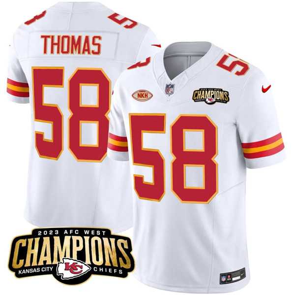 Men & Women & Youth Kansas City Chiefs #58 Derrick Thomas White 2023 F.U.S.E. AFC West Champions With NKH Patch Vapor Untouchable Limited Jersey,We sell and wholesale Men & Women & Youth Kansas City Chiefs #58 Derrick Thomas White 2023 F.U.S.E. AFC West Champions With NKH Patch Vapor Untouchable Limited Jersey on line form chian!